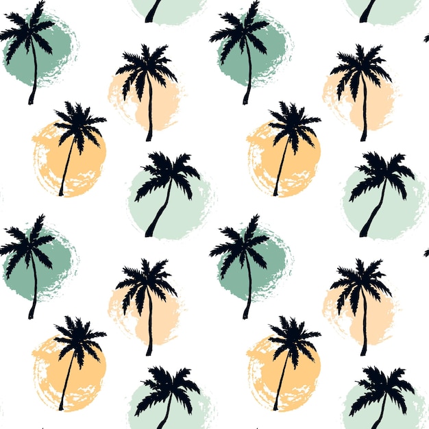 Hand drawn summer seamless pattern with palm trees and paint circles Vector illustration