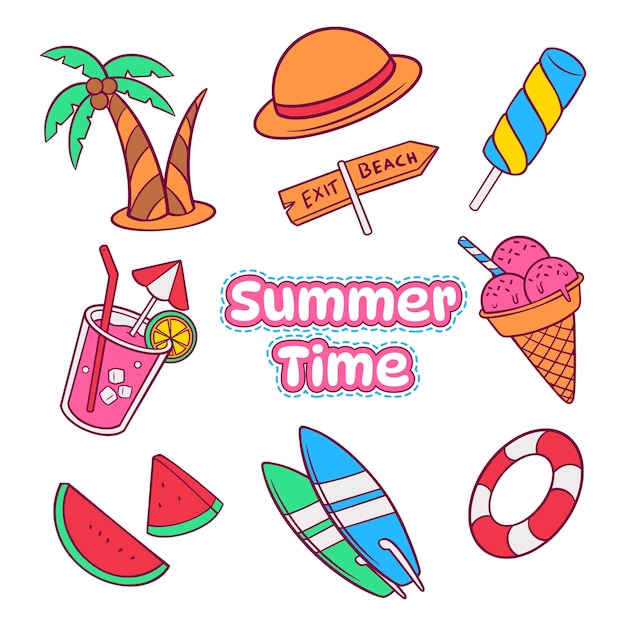 Hand drawn summer set of doodle. summer icon set