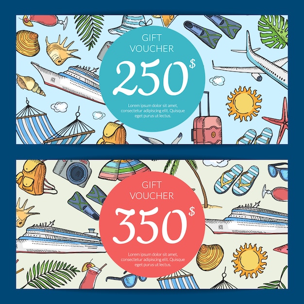 Hand drawn summer travel elements discount or gift card voucher templates