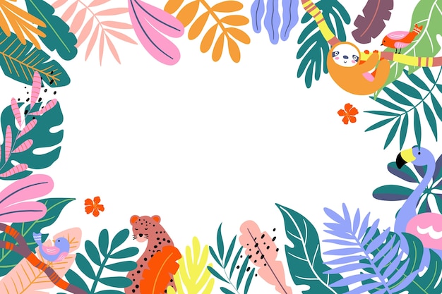 Fondo tropicale di estate disegnato a mano con gli animali