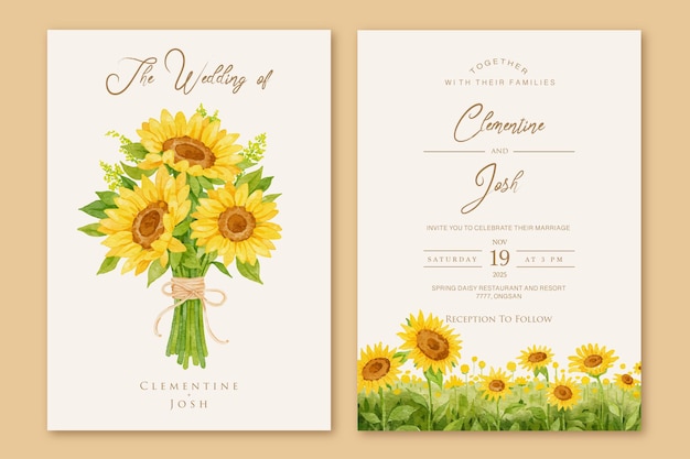 Vector hand drawn sun flowers hand bouquet landscape set wedding invitation template