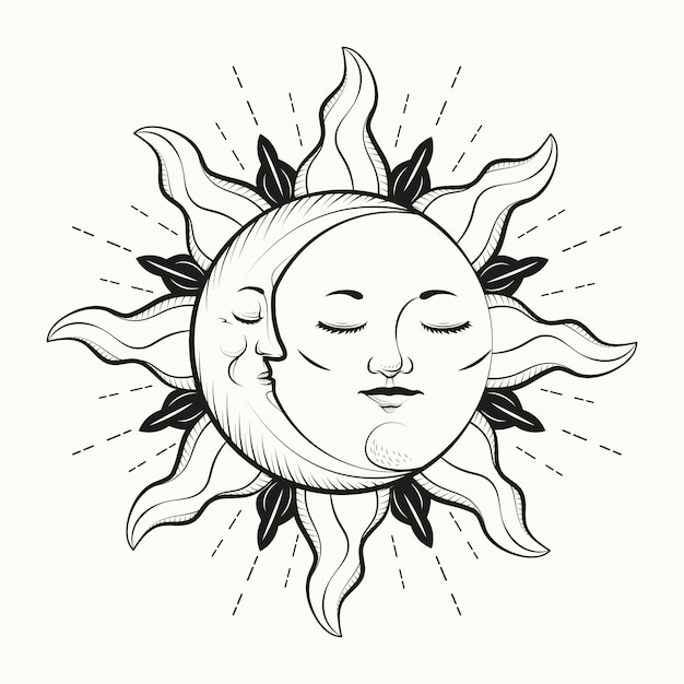 Vettore illustrazione disegnata a mano del disegno del sole e della luna