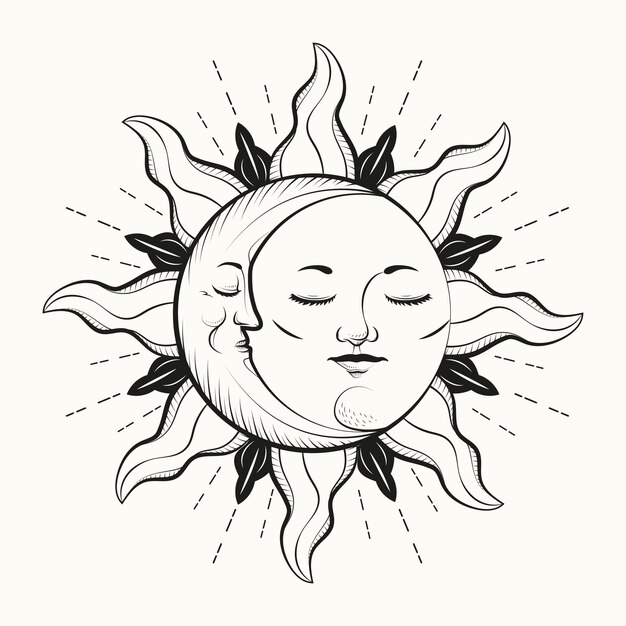 Hand drawn sun and moon drawing illustration