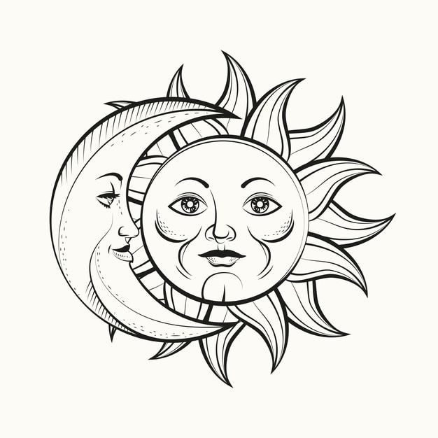 Vettore illustrazione disegnata a mano del disegno del sole e della luna