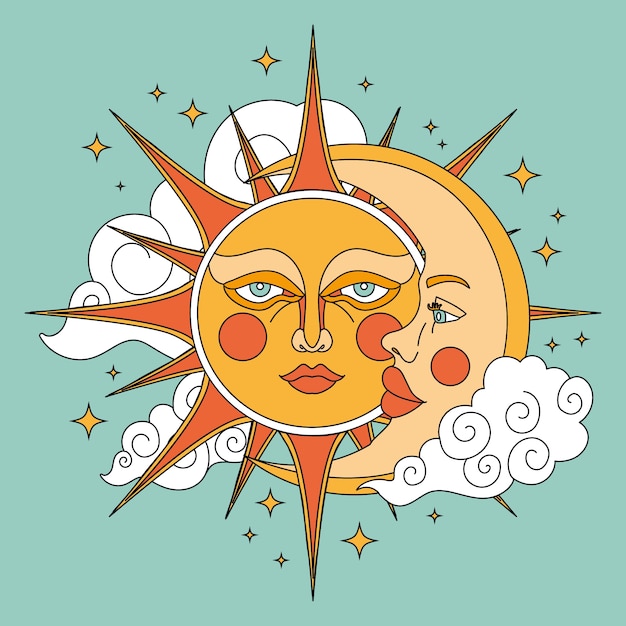 Vector hand drawn sun and moon drawing illustration