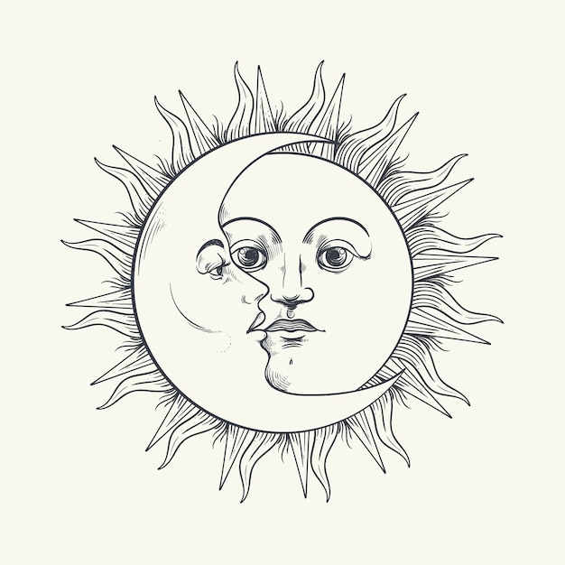 Vector hand drawn sun and moon drawing illustration