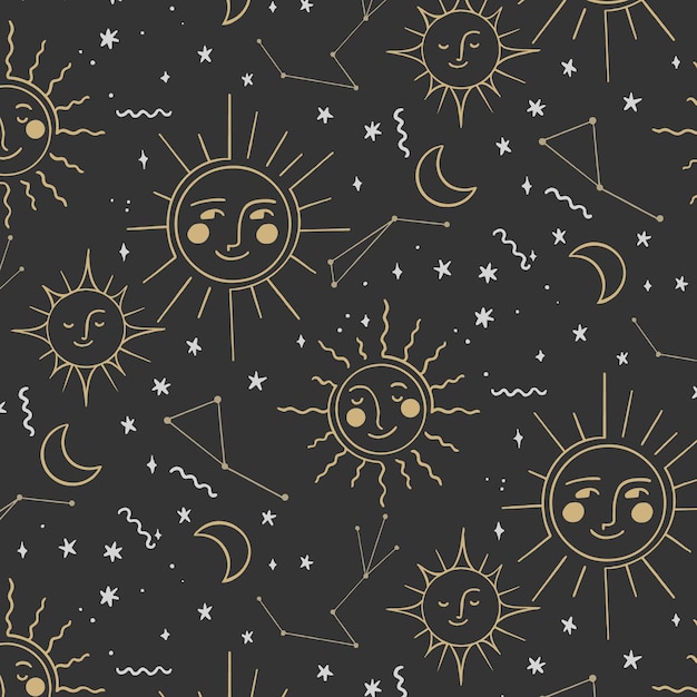 Premium Vector  Magic seamless vector pattern with sun, constellations,  moons and stars. gold decorative ornament. graphic pattern for astrology,  esoteric, tarot, mystic and magic. luxury elegant design.