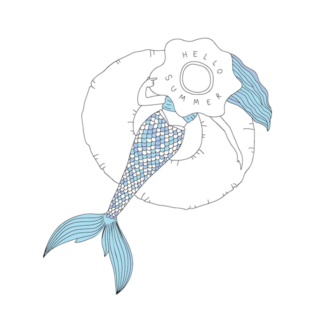 夏のコンセプトの帽子をかぶって手描きの日光浴人魚