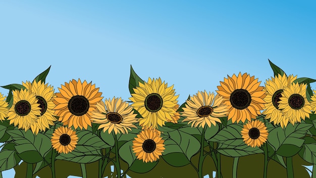 手描きの日<unk>花の開花と青い空 植物学 夏の黄色い花の植物