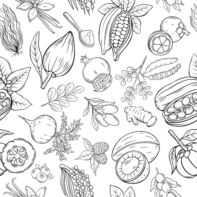 Hand drawn superfood seamless pattern.