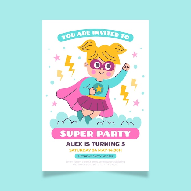Hand drawn superhero birthday invitation template