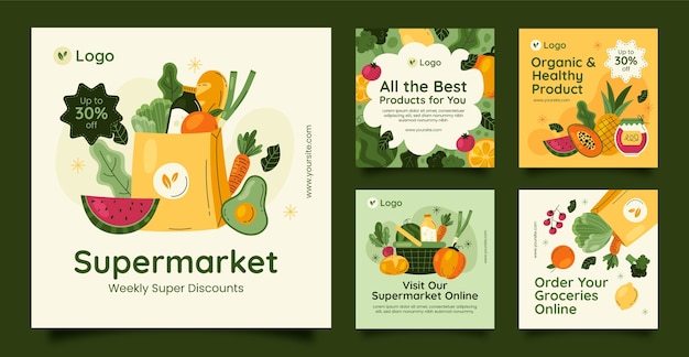 Vector hand drawn supermarket instagram posts