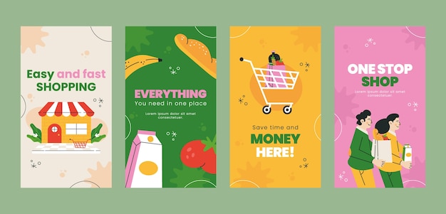 Vector hand drawn supermarket instagram stories