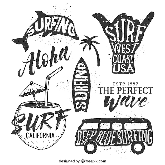 Vector hand drawn surfing badges