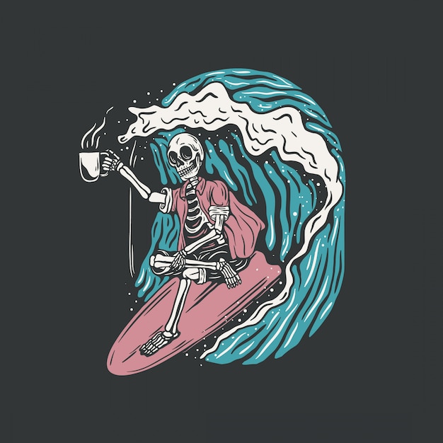 Hand drawn, surfing skull vector