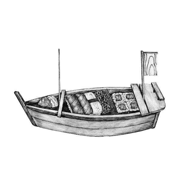 Vector hand drawn sushi boat