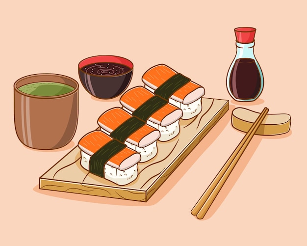 Hand drawn sushi cartoon illustration