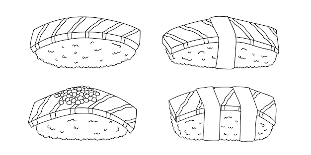 손으로 그린 초밥 클립 아트 세트 일본 전통 요리 요리 아시아 음식