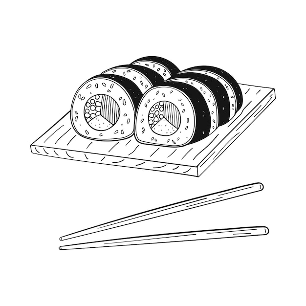 Vettore set di sushi disegnato a mano. illustrazione di doodle di cibo giapponese