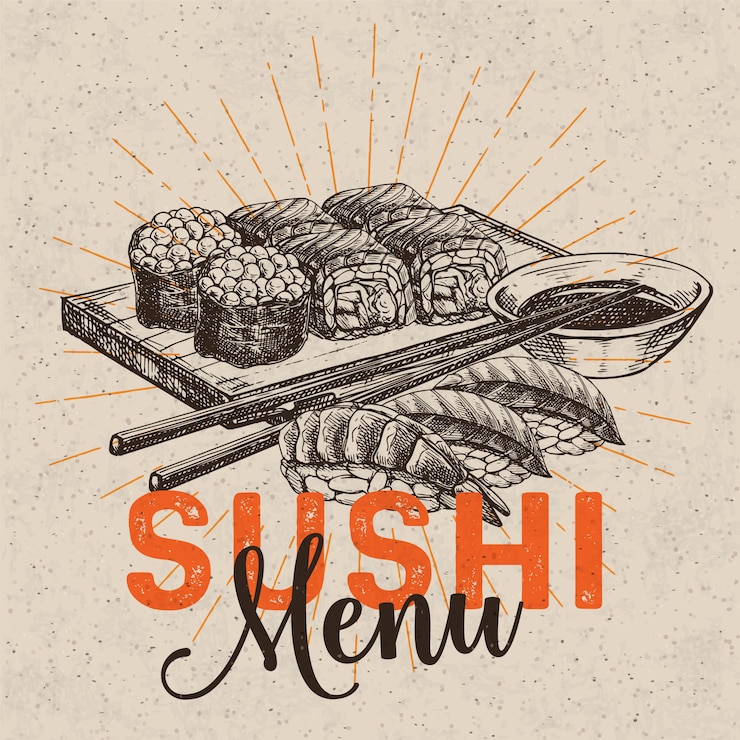 Vector  hand drawn sushi set. japanese food sketch illustration for sushi rolls bar menu, banner, flyer, card and etc.