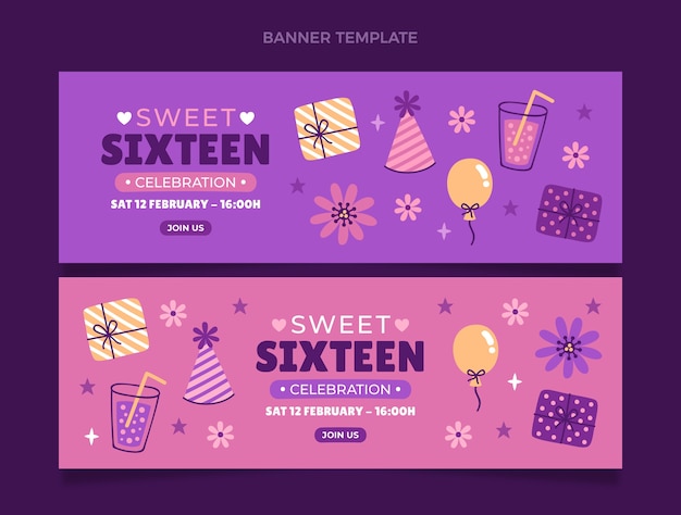 Vector hand drawn sweet 16 horizontal banners set