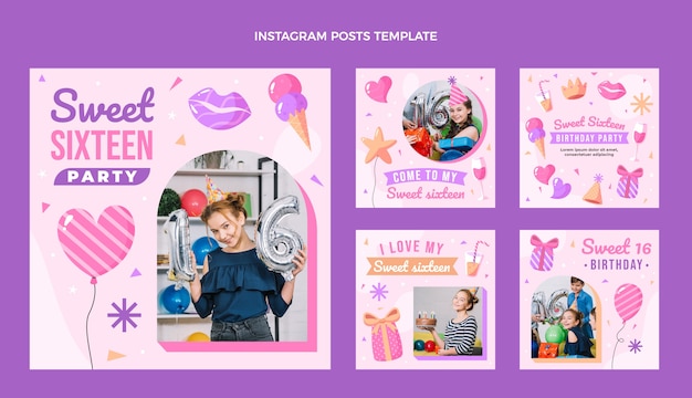 Hand drawn sweet 16 instagram posts template