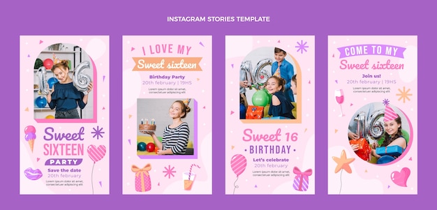 Vettore modello di 16 storie di instagram dolci disegnato a mano