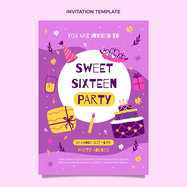 Vector hand drawn sweet 16 invitation template