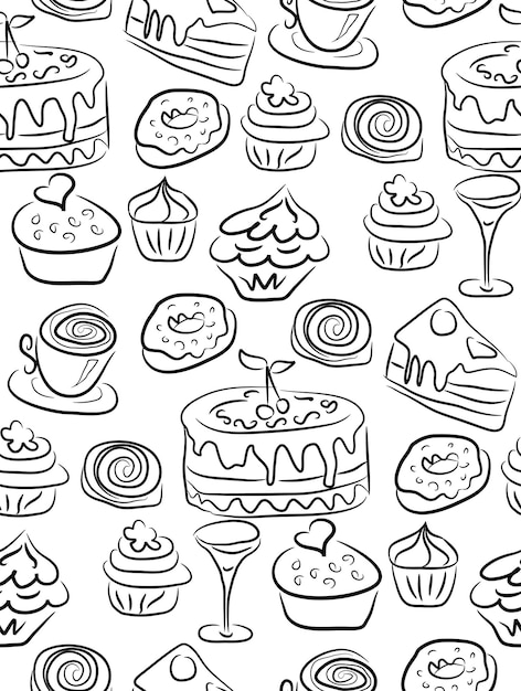 Hand drawn sweets and candies pattern doodles Isolated food on white background Seamless texture