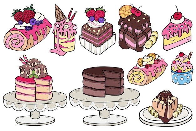 Collezione di dolci e dessert disegnati a mano in stile piatto illustrazione per idee imprenditoriali