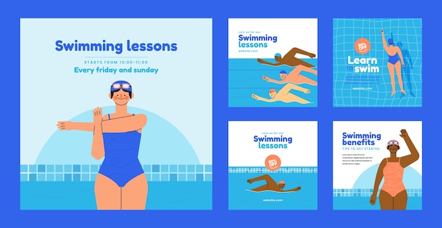 Vector hand drawn swimming lessons instagram posts