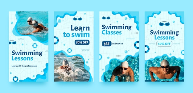 Vector hand drawn swimming lessons  instagram stories