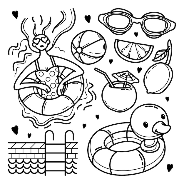 Hand drawn swimming pool doodle set