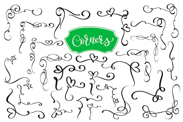 Hand drawn swirl and flourish corners calligraphic design elements vintage vector