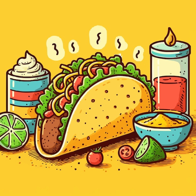 Hand drawn taco cartoon illustration yellow background