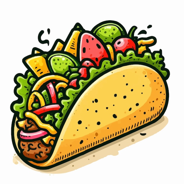 Hand drawn taco cartoon illustration yellow background