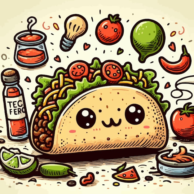 Hand drawn taco cartoon illustration yellow background