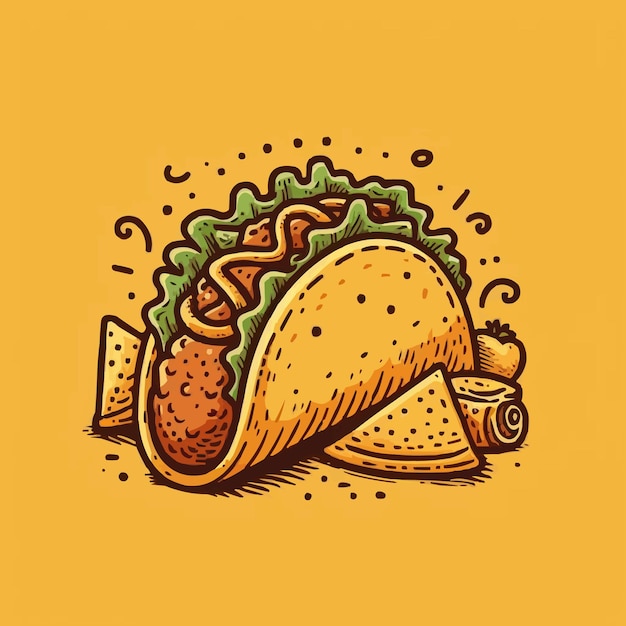 Vector hand drawn taco cartoon illustration yellow background