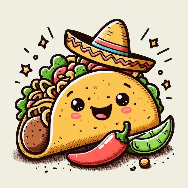 Illustrazione di cartoni animati di taco disegnati a mano sullo sfondo giallo