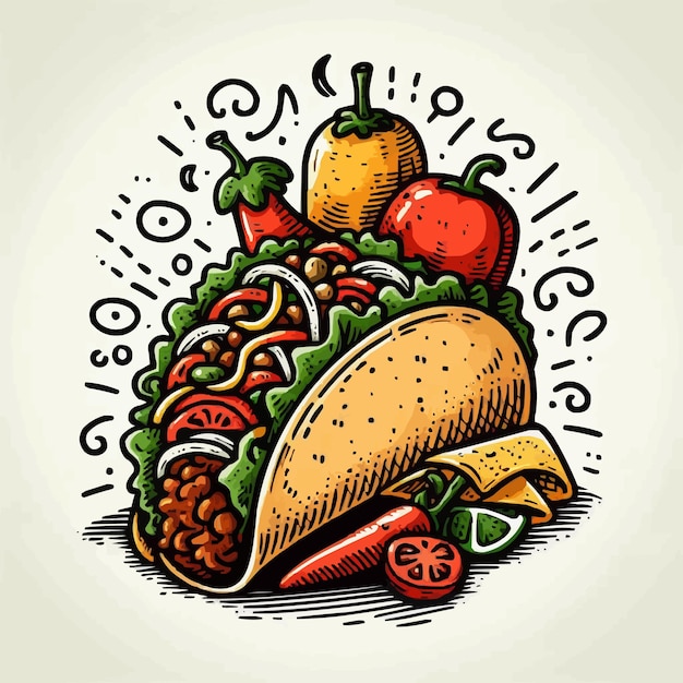 Hand drawn taco cartoon illustration yellow background