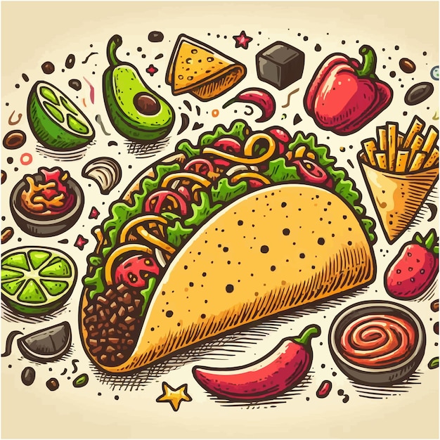 Hand drawn taco cartoon illustration yellow background