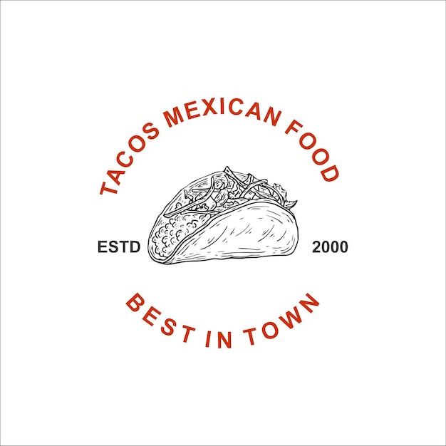 手描きのタコス メキシコ料理のベクトルのロゴ レトロ ビンテージ デザイン