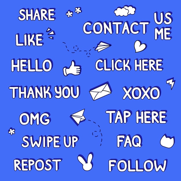 Hand drawn tags for social media - like, share, follow, repost, xoxo, swipe up, FAQ, OMG, hello, etc