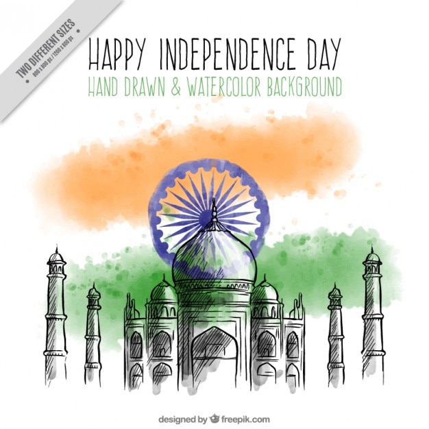 Vector hand drawn taj mahal watercolor background of india independence day 