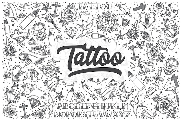 Vettore insieme di doodle del tatuaggio disegnato a mano. lettering - tatuaggio