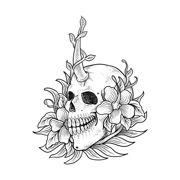 Vector hand drawn tattoo and t shirt design skeleton and flower