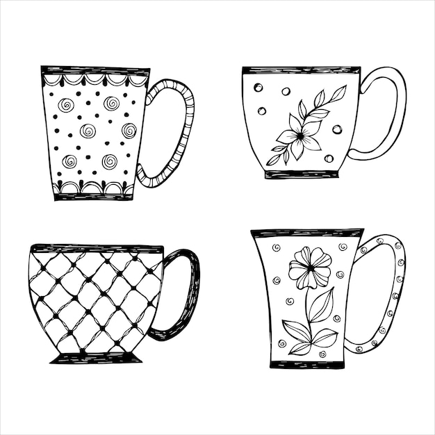 Ручной рисунок чашки чая или кофе каракули или набросок плоского изображения