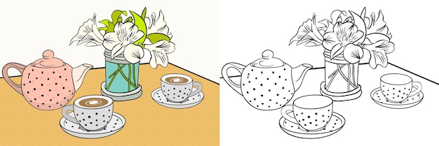 Hand drawn tea pot and cups vector with flower vase and line drawing to fill with colors.