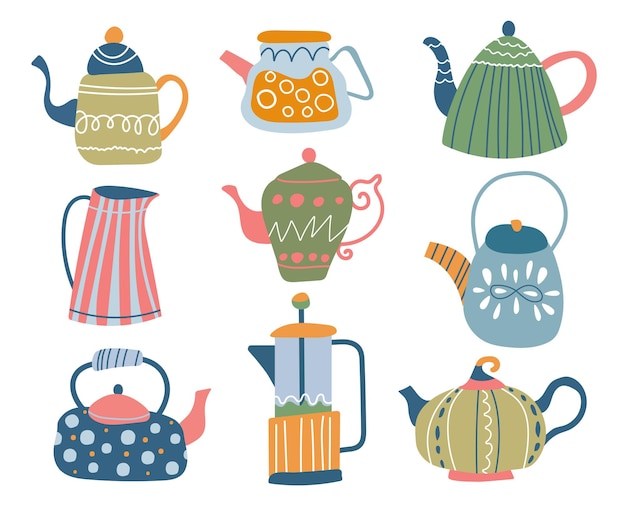 Hand drawn teapots collection on white backgroundvector cute illustration isolated kettle