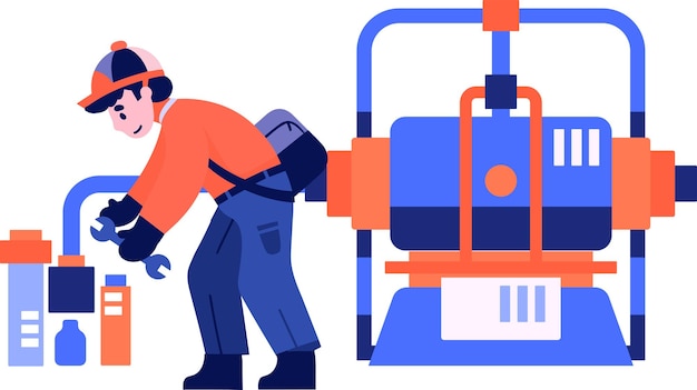 Vector hand drawn technician or engineer with engine in factory in flat style isolated on background
